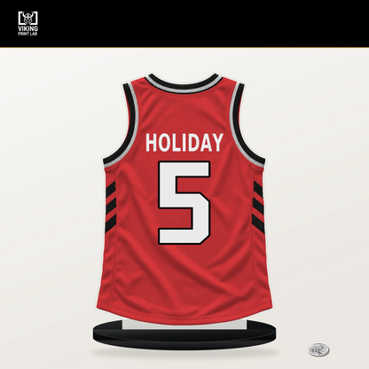 Jrue Holiday number 5 Portland Trail Blazers jersey stand with included black base.