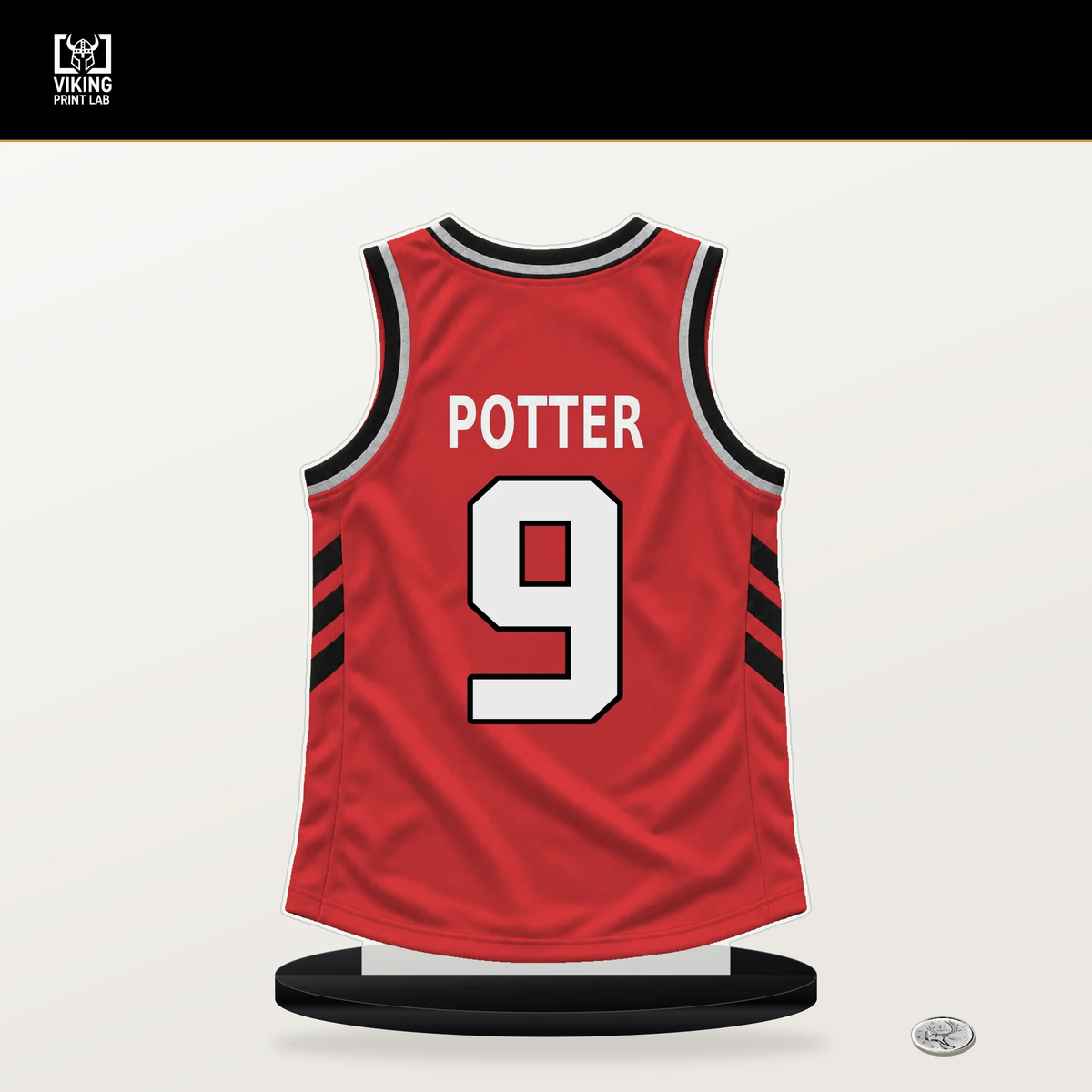 Micah Potter number 9 Portland Trail Blazers jersey stand with included black base.