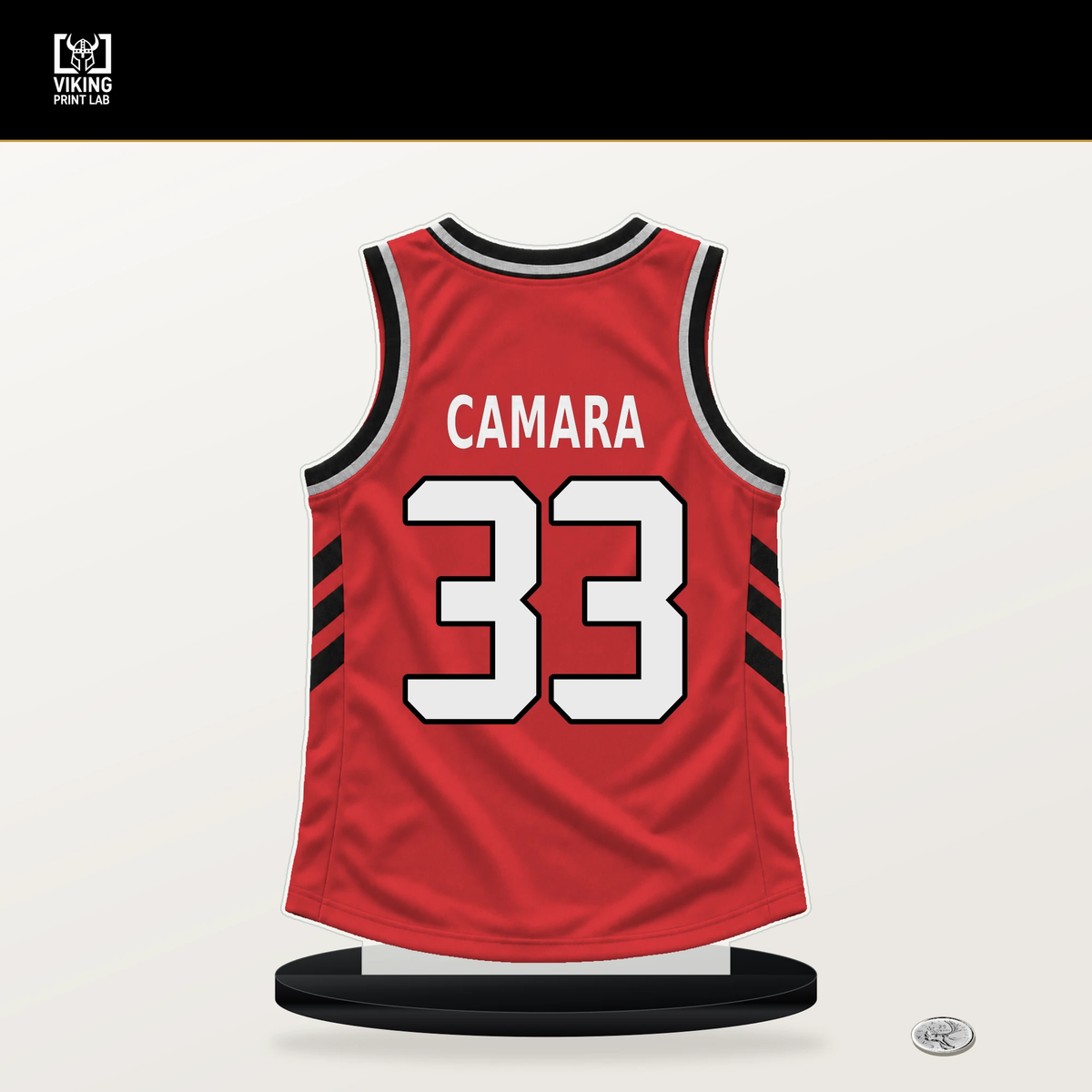 Toumani Camara number 33 Portland Trail Blazers jersey stand with included black base.