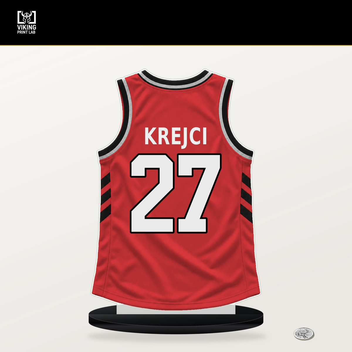 Vit Krejci number 27 Portland Trail Blazers jersey stand with included black base.