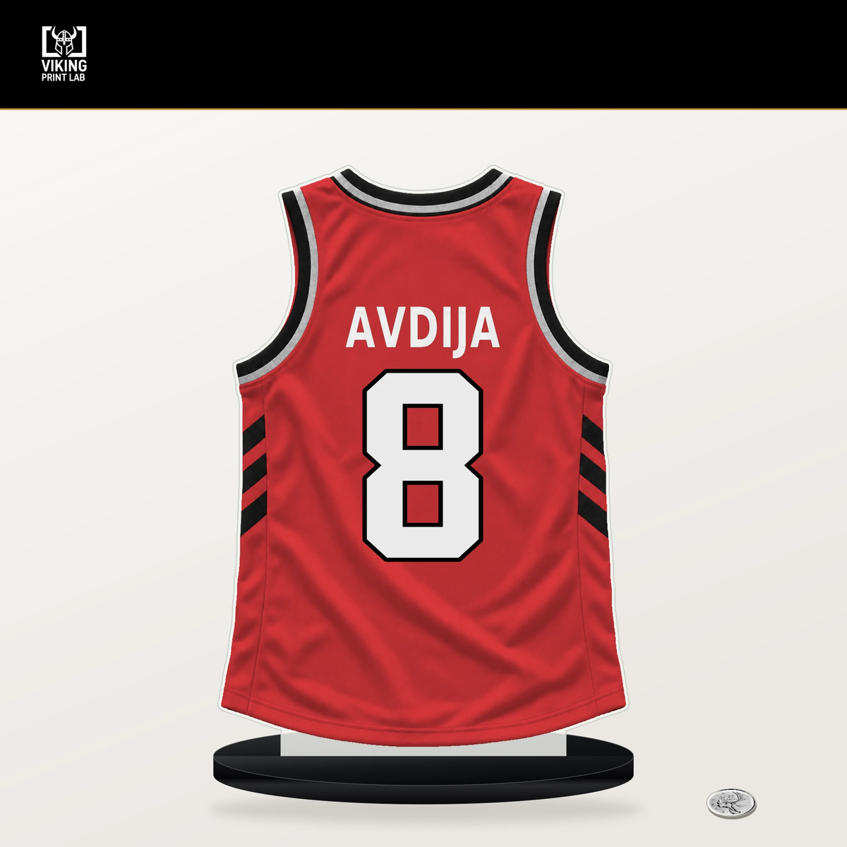 Deni Avdija number 8 Portland Trail Blazers jersey stand with included black base.
