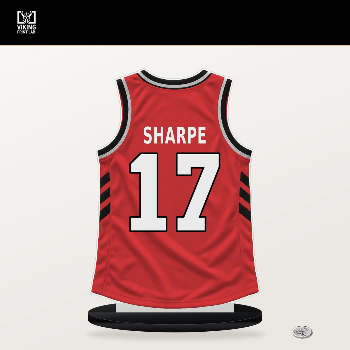 Shaedon Sharpe number 17 Portland Trail Blazers jersey stand with included black base.