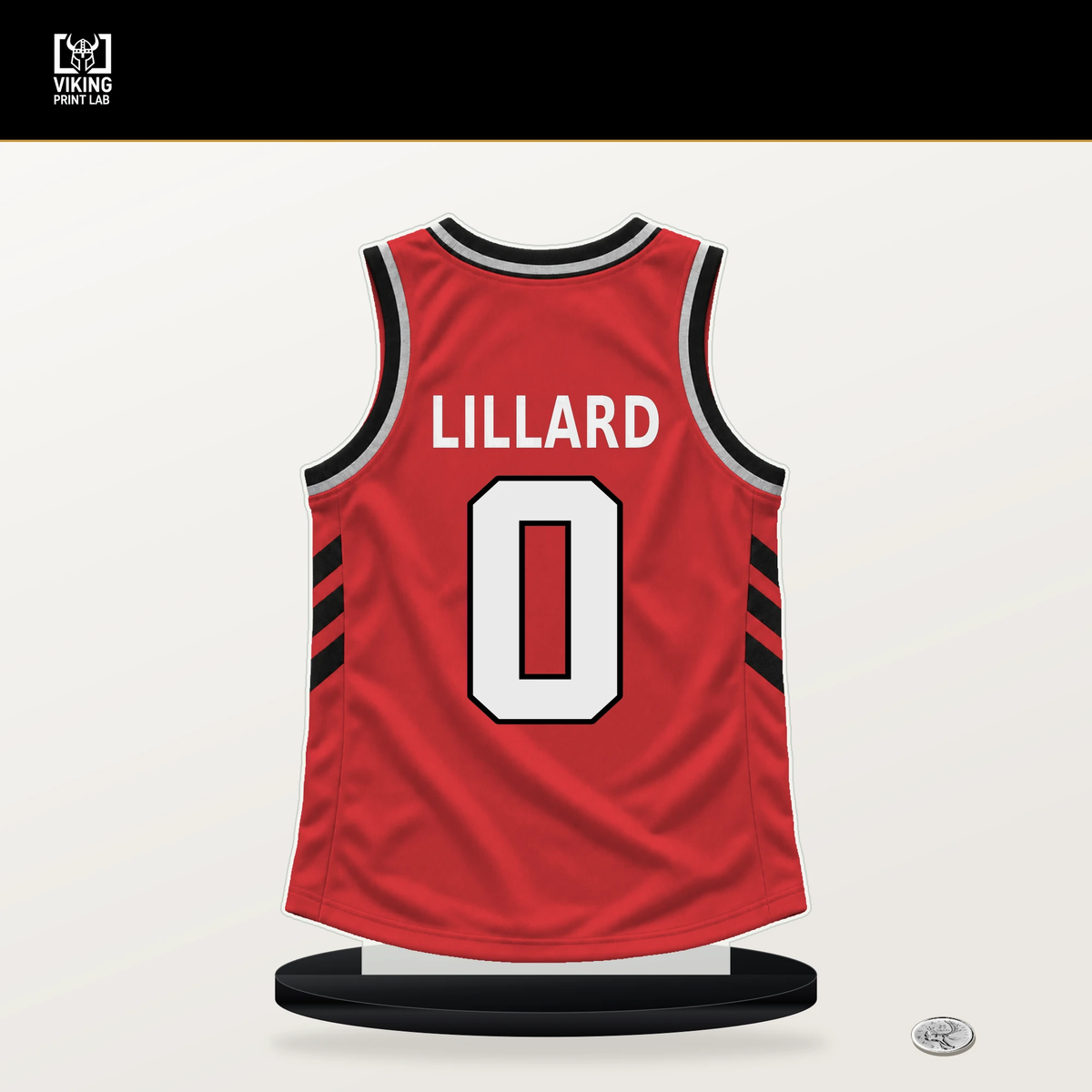 Damian Lillard number 0 Portland Trail Blazers jersey stand with included black base.