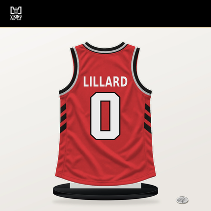 Damian Lillard number 0 Portland Trail Blazers jersey stand with included black base.