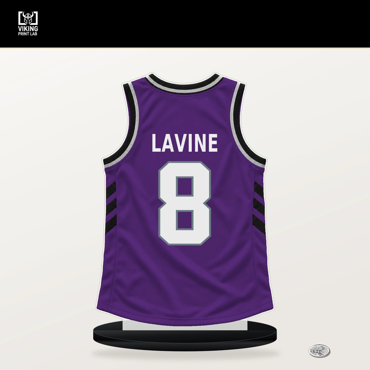 Zach LaVine number 8 Sacramento Kings jersey stand with included black base.