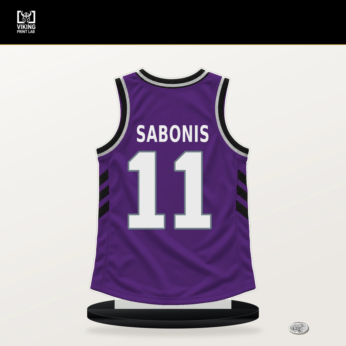 Domantas Sabonis number 11 Sacramento Kings jersey stand with included black base.