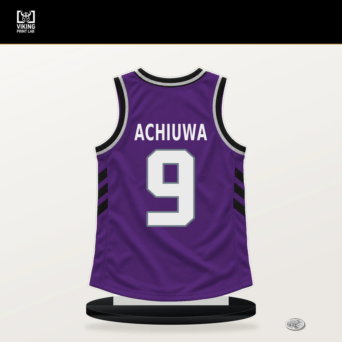 Precious Achiuwa number 9 Sacramento Kings jersey stand with included black base.