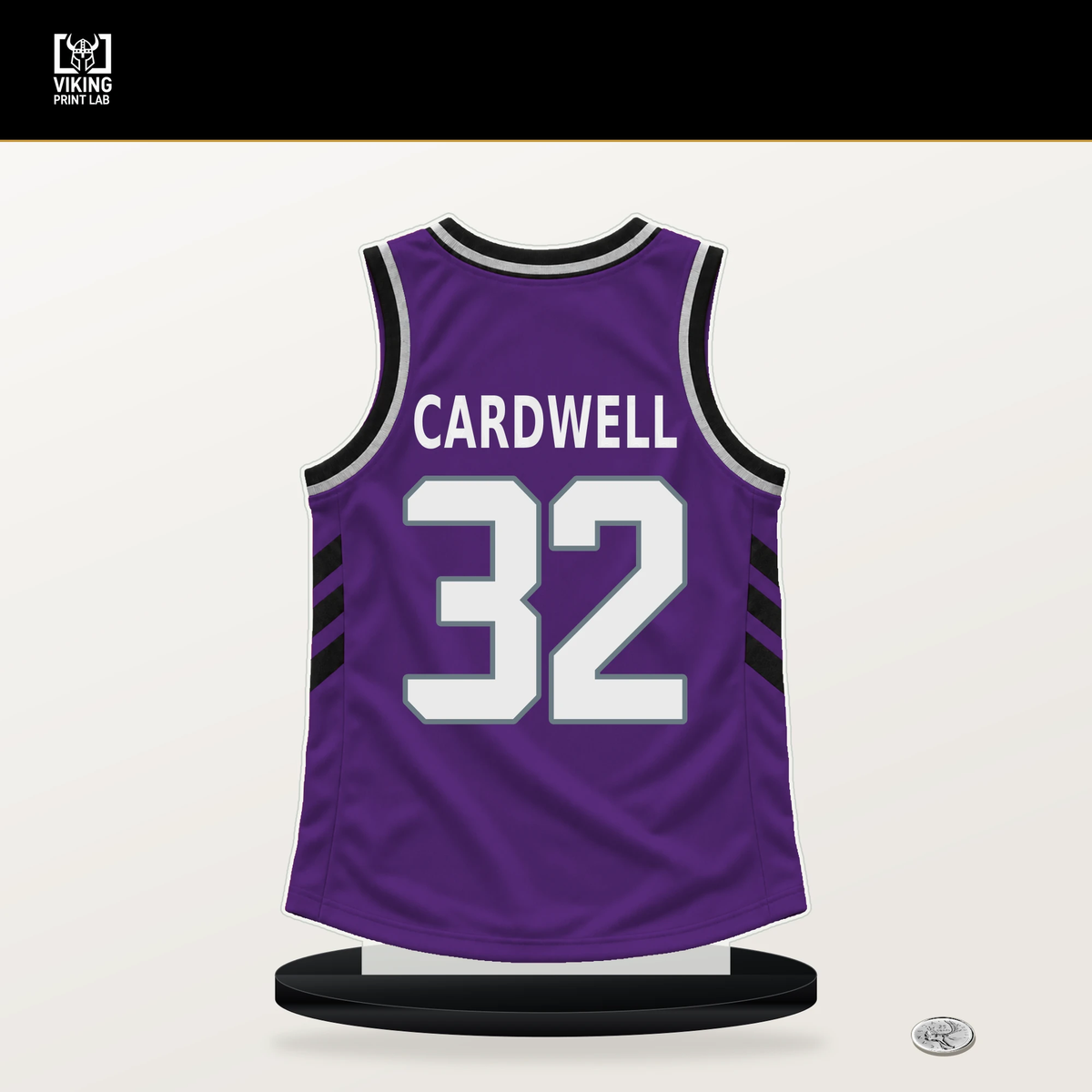 Dylan Cardwell number 32 Sacramento Kings jersey stand with included black base.