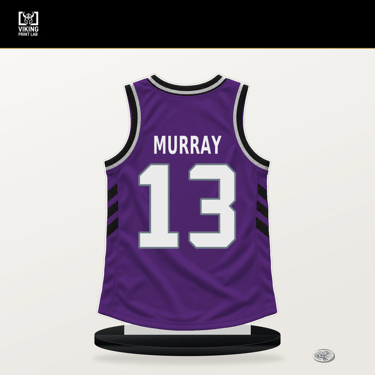 Keegan Murray number 13 Sacramento Kings jersey stand with included black base.
