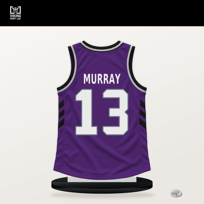 Keegan Murray number 13 Sacramento Kings jersey stand with included black base.