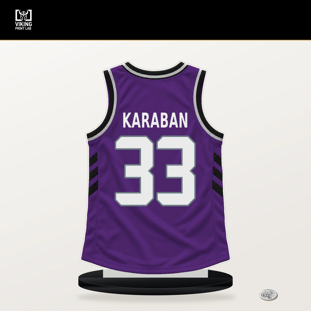 Alex Karaban number 33 Sacramento Kings jersey stand with included black base.