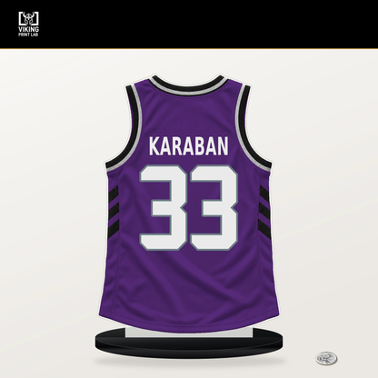 Alex Karaban number 33 Sacramento Kings jersey stand with included black base.