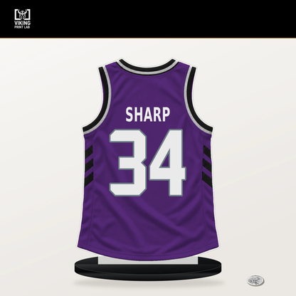 Emanuel Sharp number 34 Sacramento Kings jersey stand with included black base.