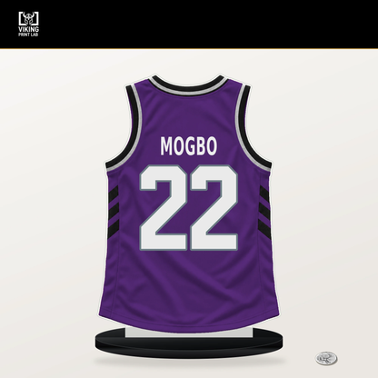 Jonathan Mogbo number 22 Sacramento Kings jersey stand with included black base.