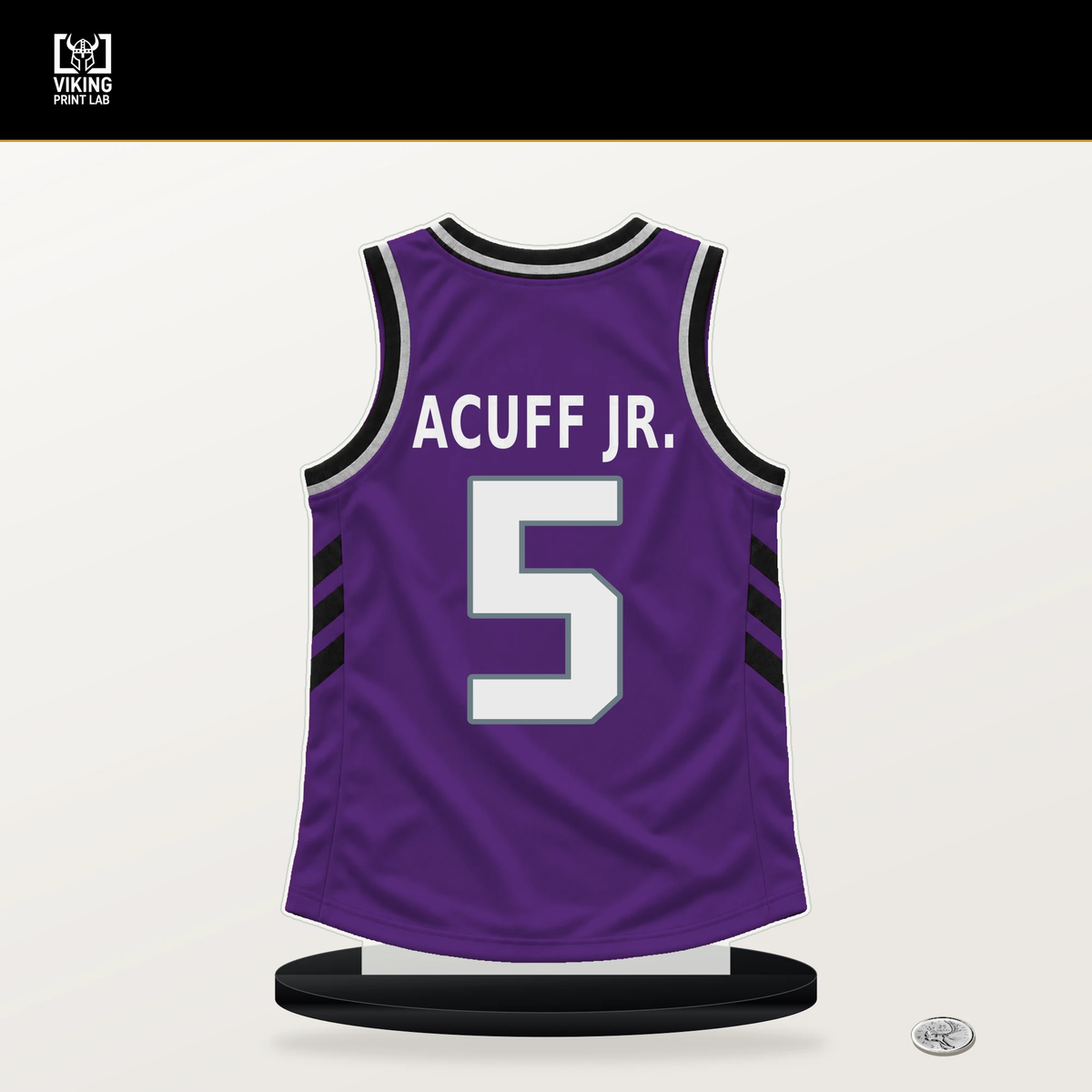 Darius Acuff Jr. number 5 Sacramento Kings jersey stand with included black base.