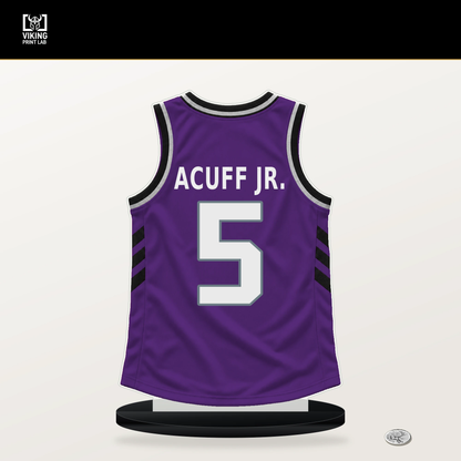 Darius Acuff Jr. number 5 Sacramento Kings jersey stand with included black base.