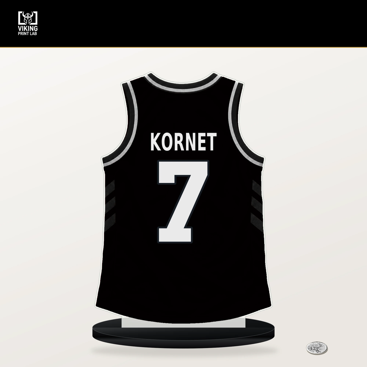 Luke Kornet number 7 San Antonio Spurs jersey stand with included black base.