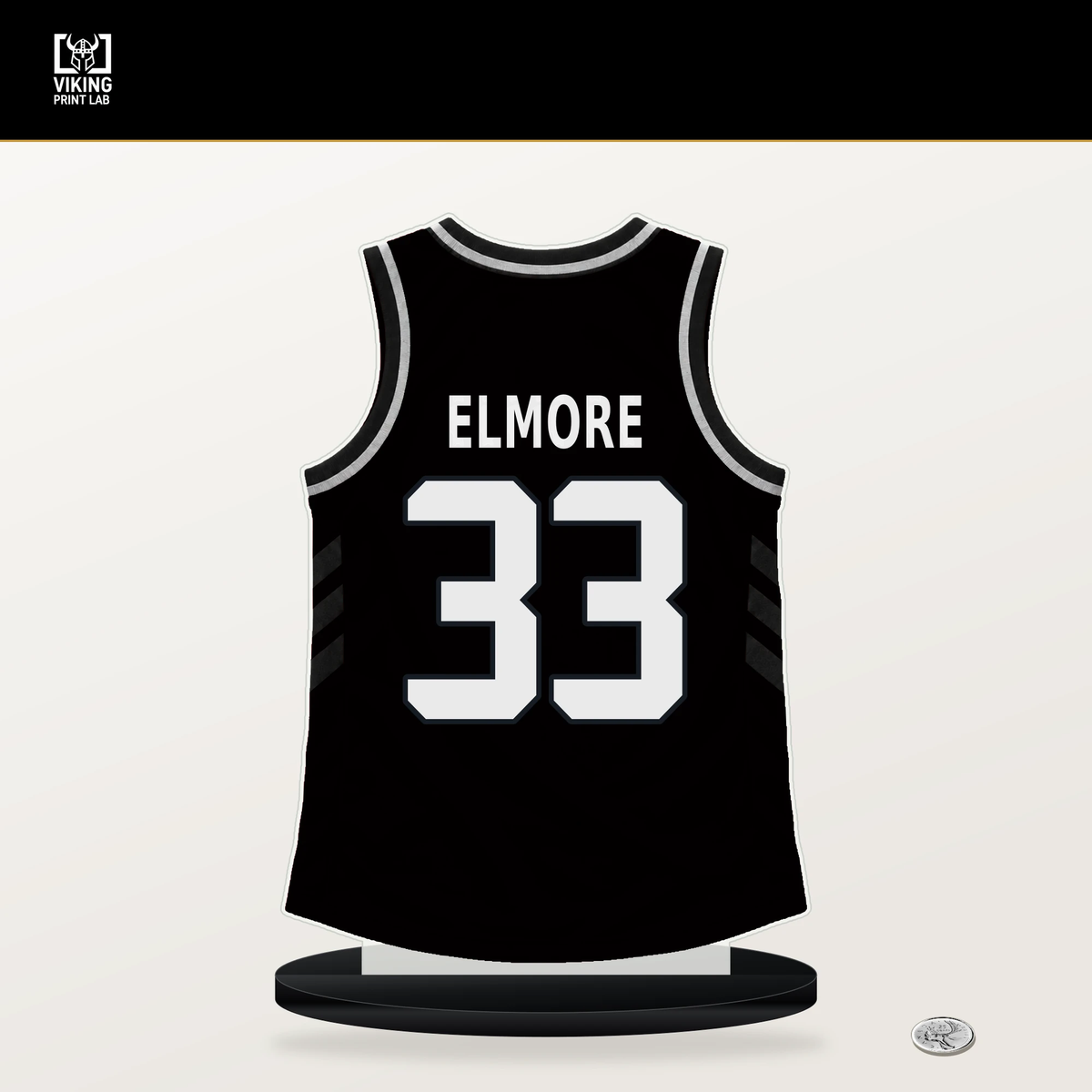 Jon Elmore number 33 San Antonio Spurs jersey stand with included black base.
