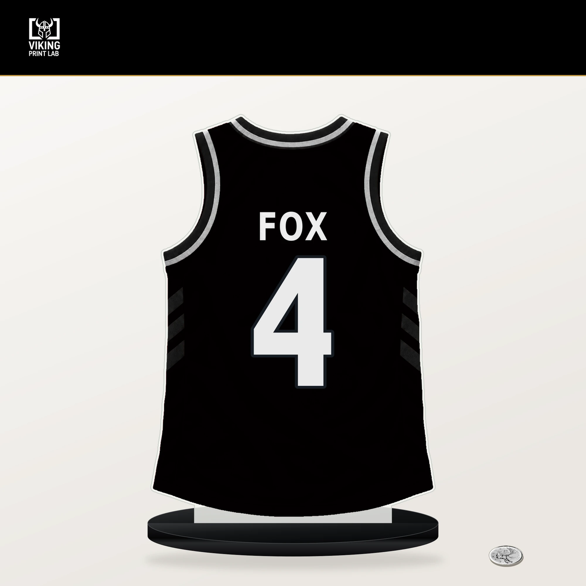 De'Aaron Fox number 4 San Antonio Spurs jersey stand with included black base.