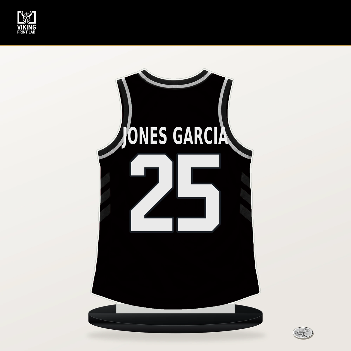 David Jones Garcia number 25 San Antonio Spurs jersey stand with included black base.