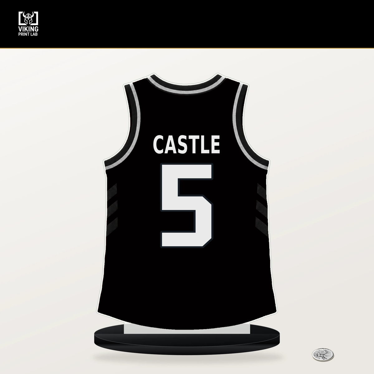 Stephon Castle number 5 San Antonio Spurs jersey stand with included black base.