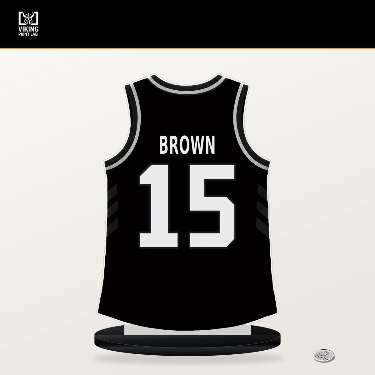 Maliq Brown number 15 San Antonio Spurs jersey stand with included black base.