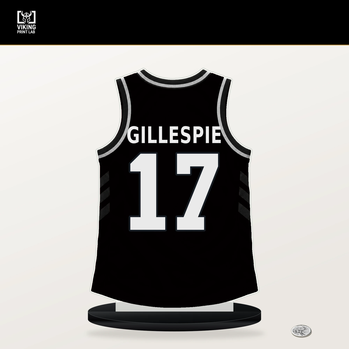 Ja'Kobi Gillespie number 17 San Antonio Spurs jersey stand with included black base.