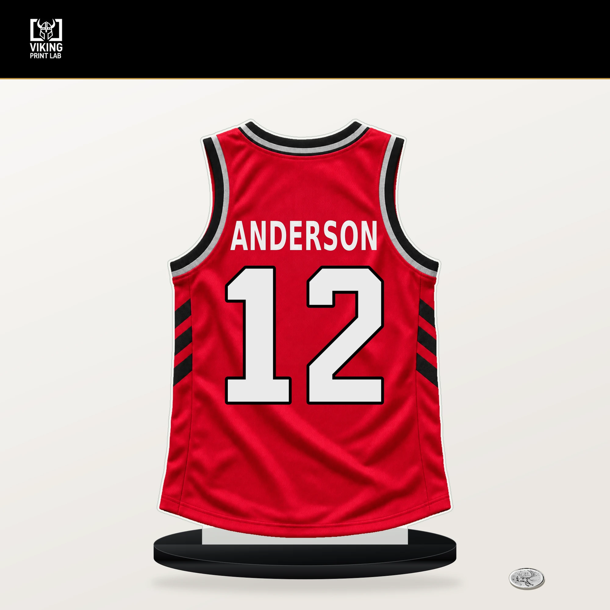 Kyle Anderson number 12 Toronto Raptors jersey stand with included black base.