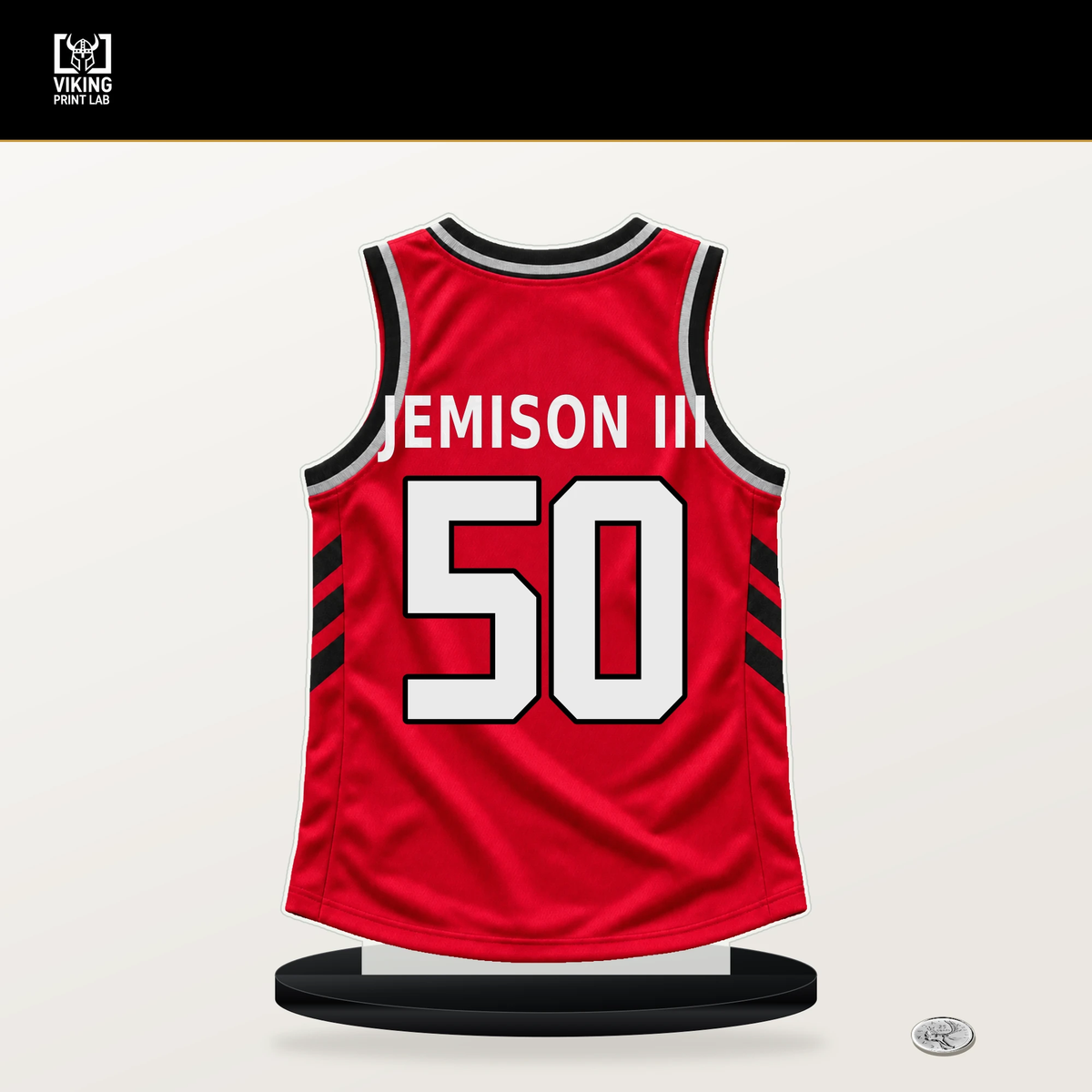 Trey Jemison III number 50 Toronto Raptors jersey stand with included black base.