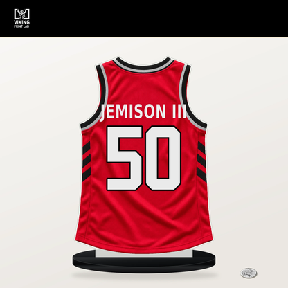Trey Jemison III number 50 Toronto Raptors jersey stand with included black base.