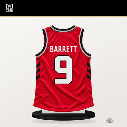 RJ Barrett number 9 Toronto Raptors jersey stand with included black base.