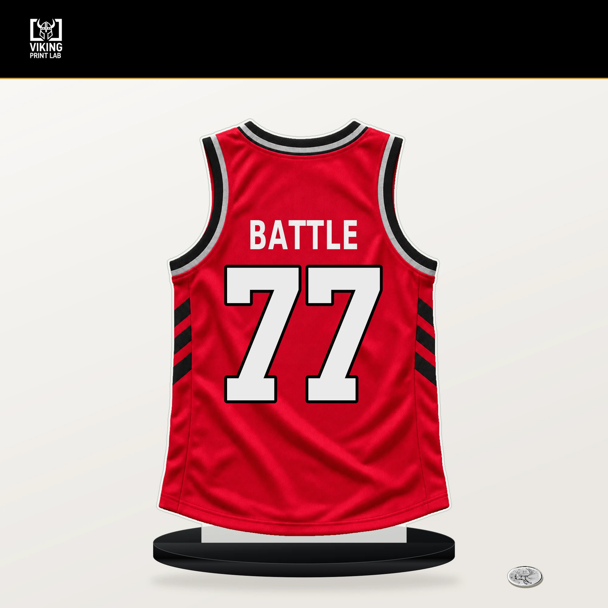 Jamison Battle number 77 Toronto Raptors jersey stand with included black base.