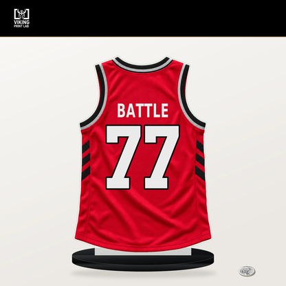 Jamison Battle number 77 Toronto Raptors jersey stand with included black base.