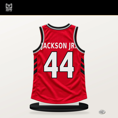 Andre Jackson Jr. number 44 Toronto Raptors jersey stand with included black base.