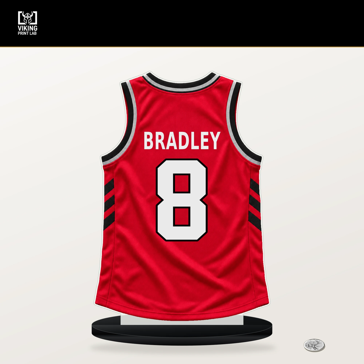 Jaden Bradley number 8 Toronto Raptors jersey stand with included black base.