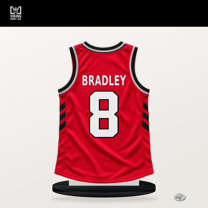 Jaden Bradley number 8 Toronto Raptors jersey stand with included black base.