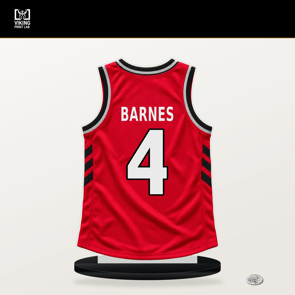 Scottie Barnes number 4 Toronto Raptors jersey stand with included black base.