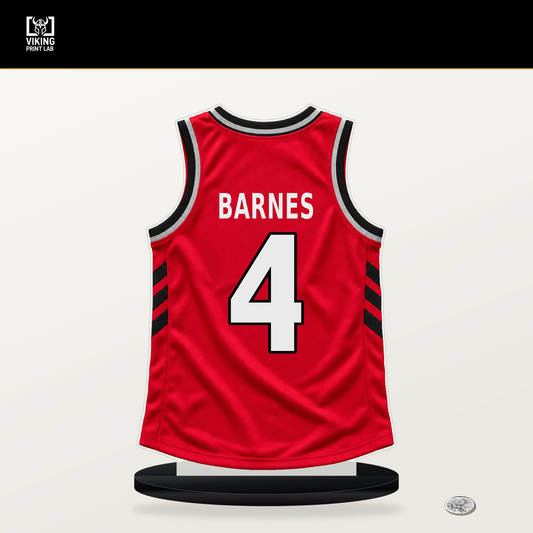 Scottie Barnes number 4 Toronto Raptors jersey stand with included black base.