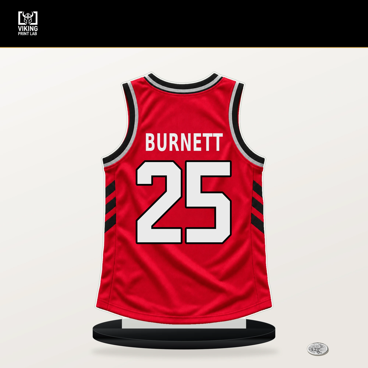 Nimari Burnett number 25 Toronto Raptors jersey stand with included black base.