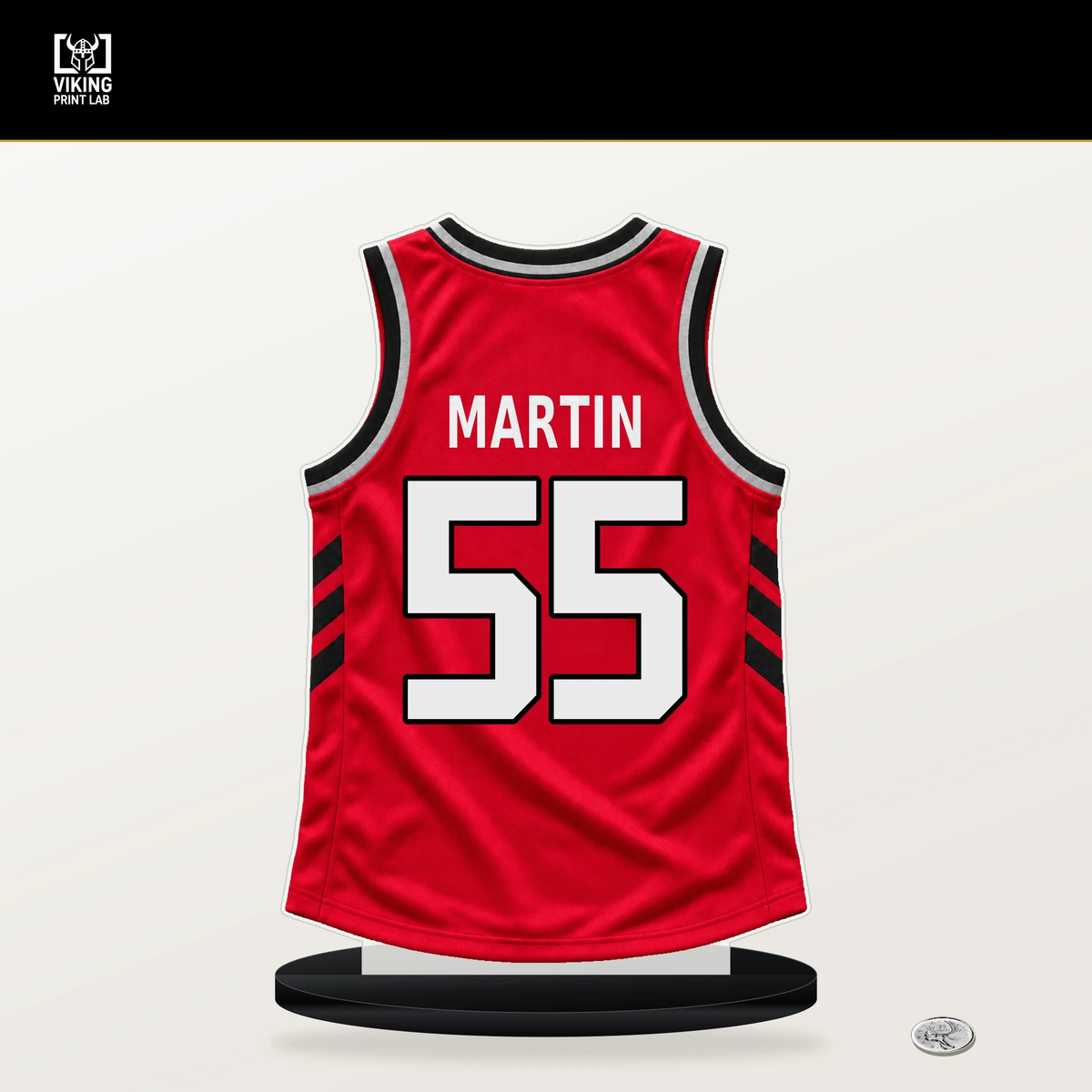 Alijah Martin number 55 Toronto Raptors jersey stand with included black base.