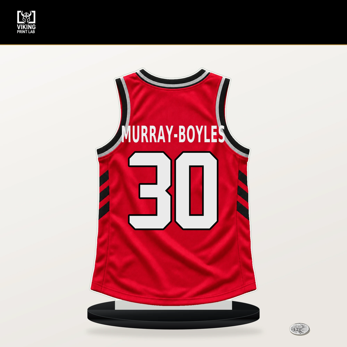 Collin Murray-Boyles number 30 Toronto Raptors jersey stand with included black base.