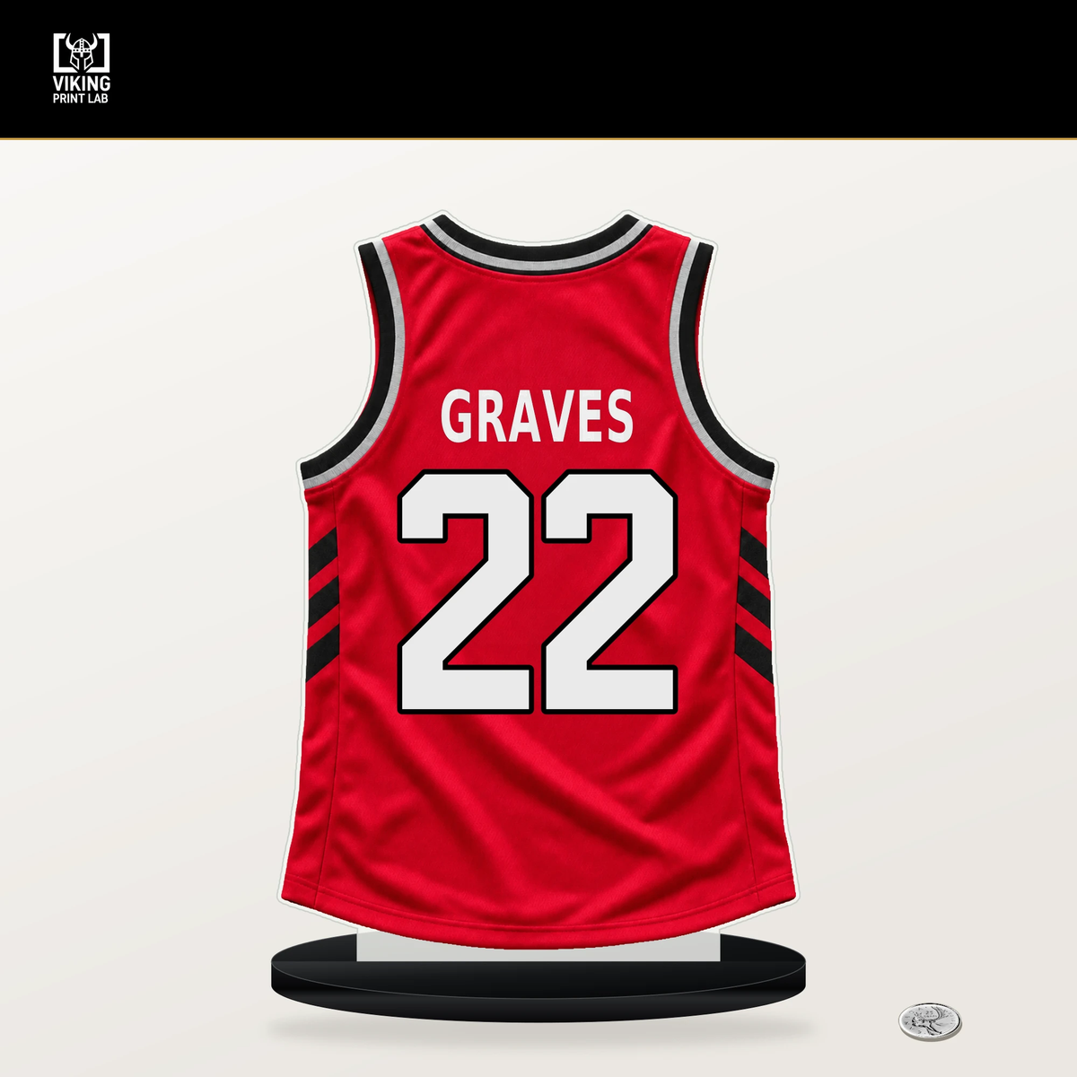 Allen Graves number 22 Toronto Raptors jersey stand with included black base.