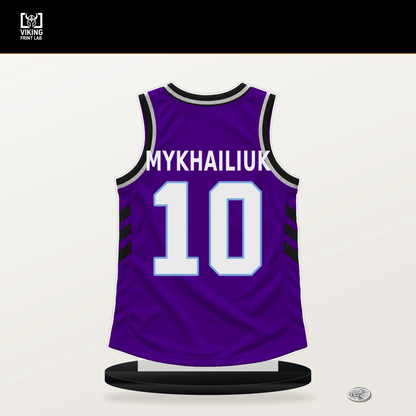 Svi Mykhailiuk number 10 Utah Jazz jersey stand with included black base.