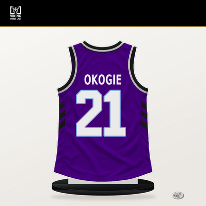 Josh Okogie number 21 Utah Jazz jersey stand with included black base.