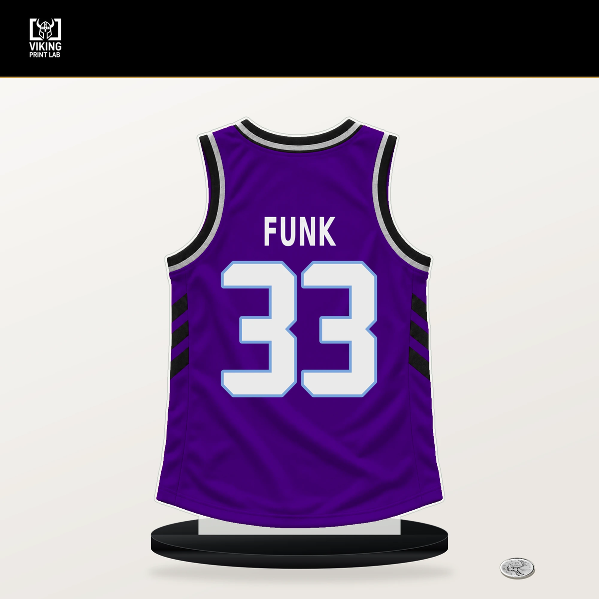 Taylor Funk number 33 Utah Jazz jersey stand with included black base.