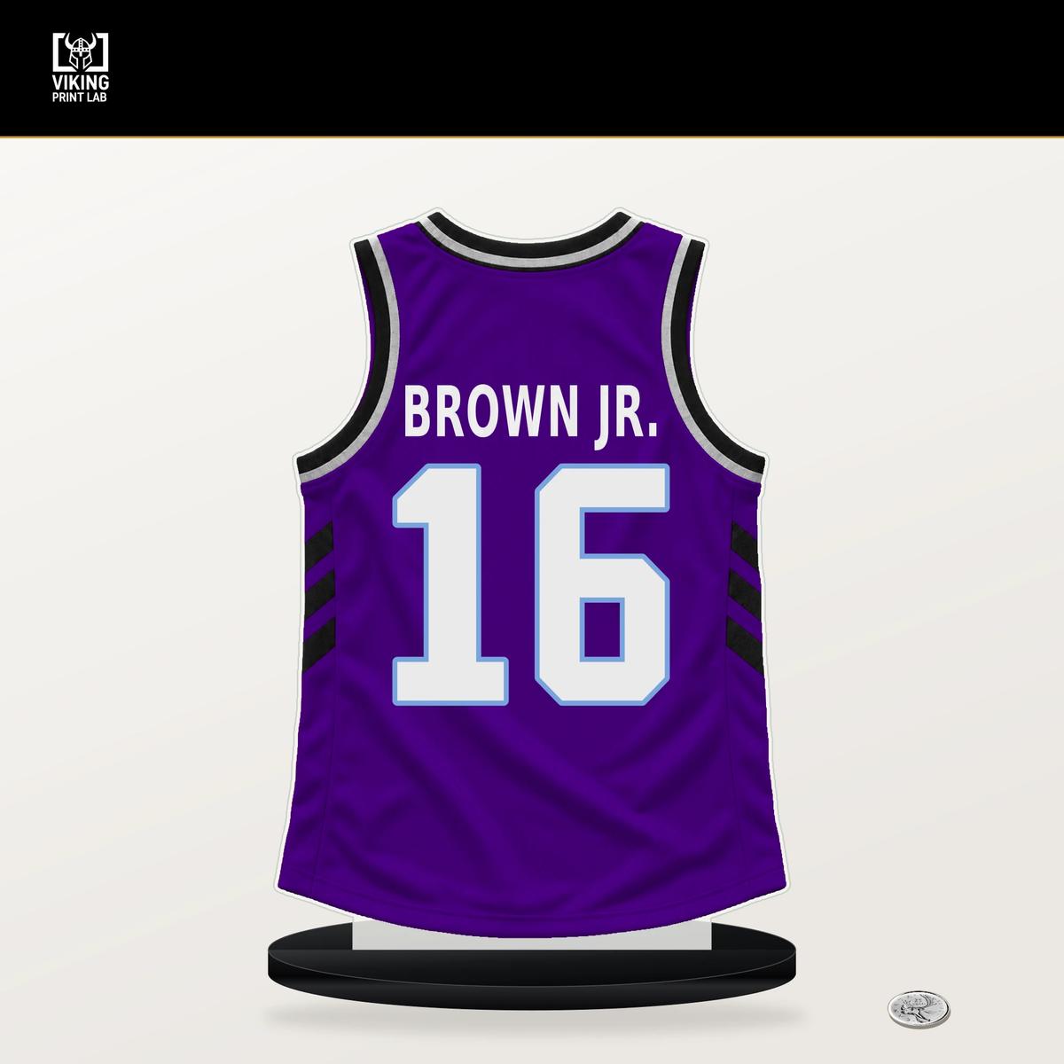 Terrell Brown Jr. number 16 Utah Jazz jersey stand with included black base.