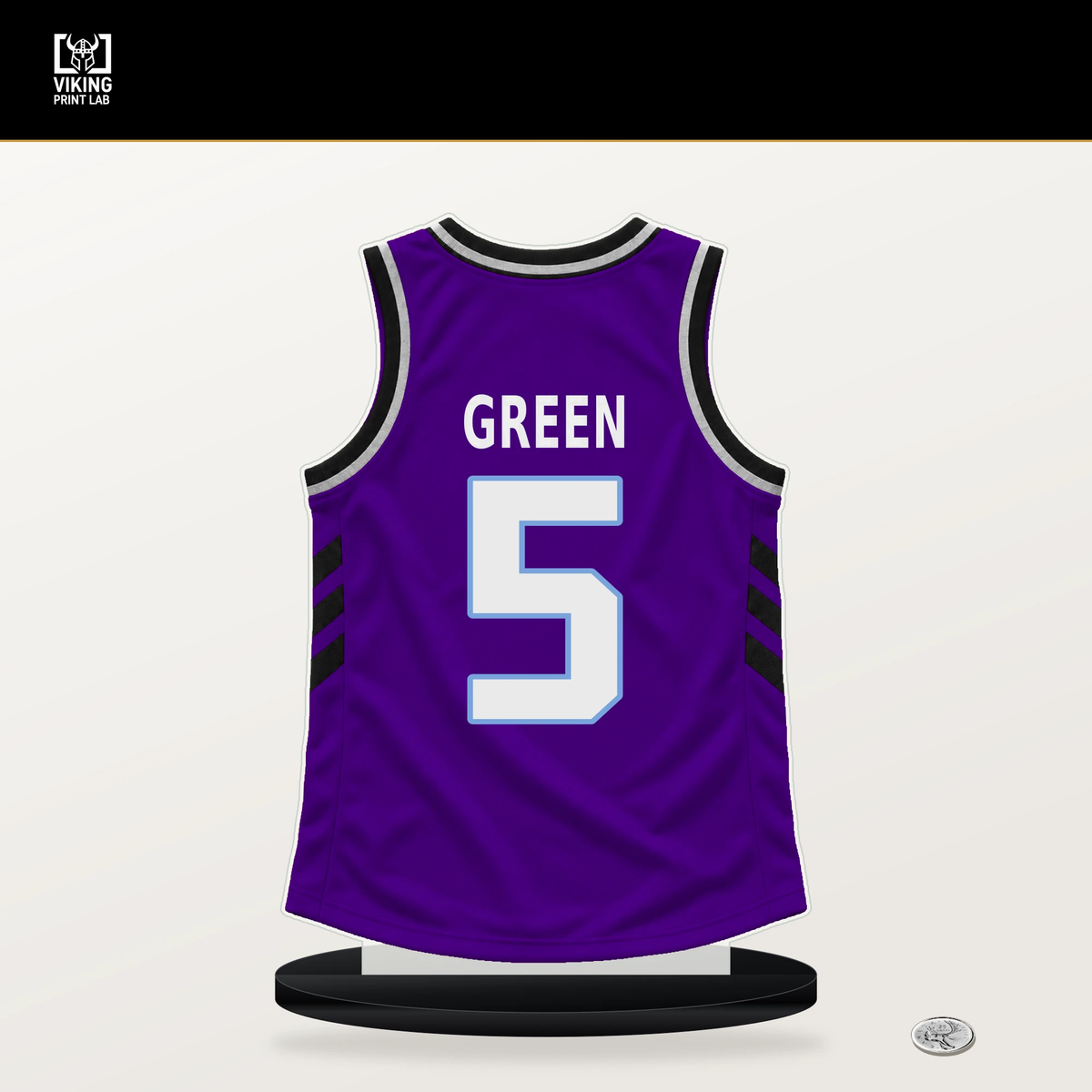 Josh Green number 5 Utah Jazz jersey stand with included black base.