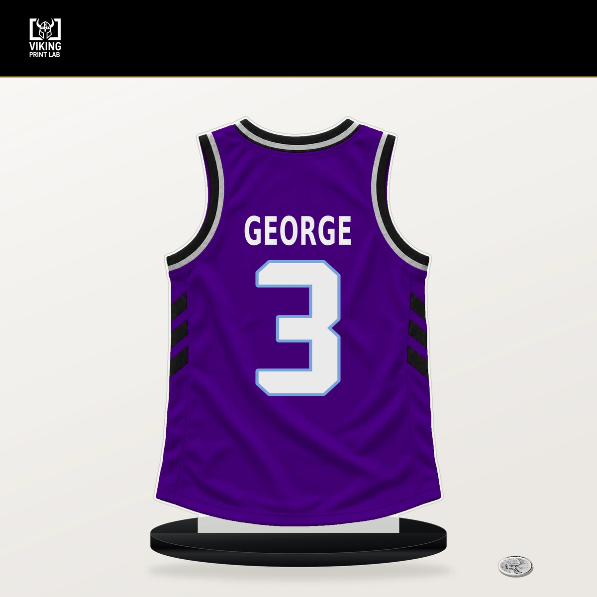 Keyonte George number 3 Utah Jazz jersey stand with included black base.