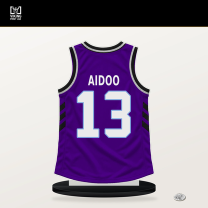 Jonas Aidoo number 13 Utah Jazz jersey stand with included black base.