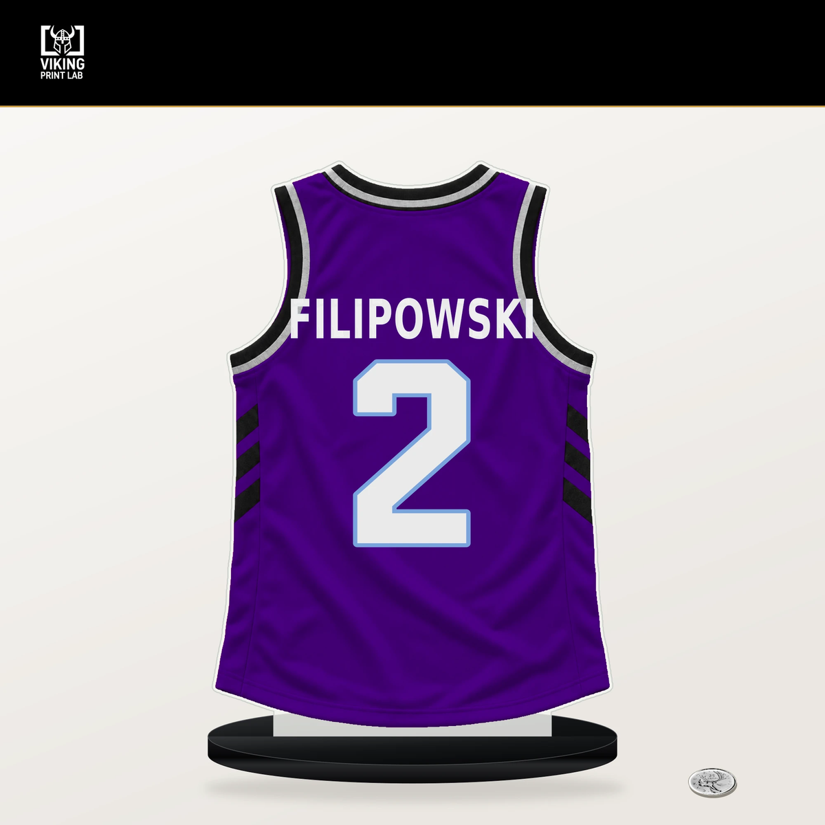 Kyle Filipowski number 2 Utah Jazz jersey stand with included black base.